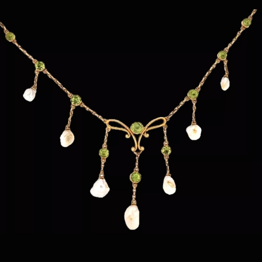 Antique 14K Gold Drop Necklace River Pearl Green Stone Estate Art Nouveau 7.3 g